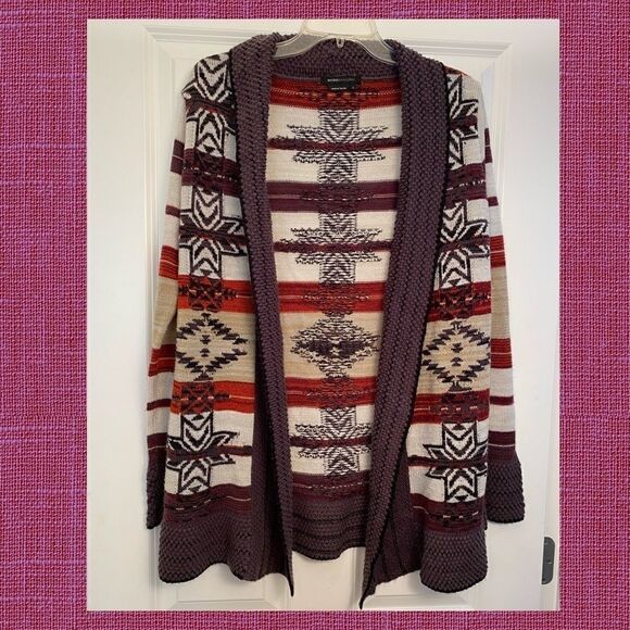BCBG Max Azria Boho Southwest Cardigan Sweater Size L Purple Rust Cream - Picture 3 of 6